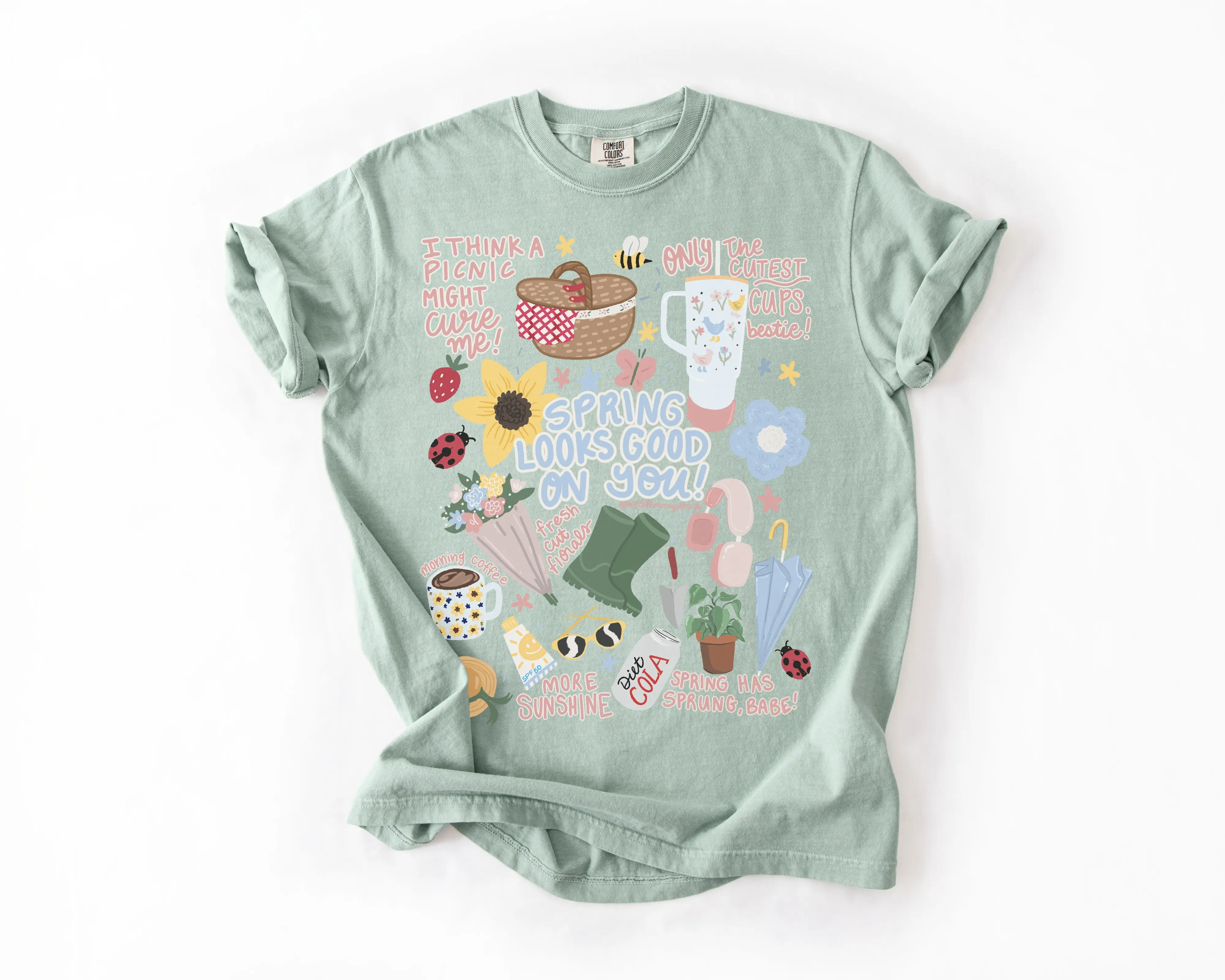 Women's Slogan Graphic T-Shirt Top - Casual Round Neck, Short Sleeve, Relaxed Fit, Soft Garment-Dyed Cotton, Sip Sip Hooray Print, c1717, Tshirt, Floral