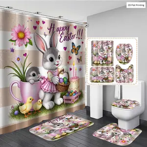 1/3/4PCS Easter Bunny Chick Cake and Decorative Elements Shower Curtain Set with Rugs, Non Slip Bath Mat, U-Shape Carpet, Toilet Lid Cover, Polyester Fabric Bathtub Curtain Accessories, 12 Hooks, Home Bathroom