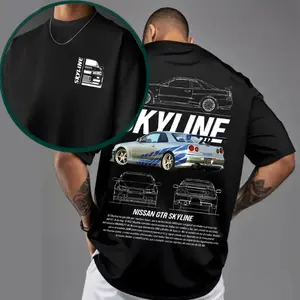 Men's Nissan Skyline GTR R34 Graphic Casual Streetwear T-Shirt - Oversized JDM Car Enthusiast Tee, Fast & Furious Inspired Shirt, Vintage Blueprint Design, Perfect Gift for Car Lovers, Drifting Fans & Tuners