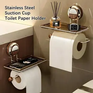 Stainless Steel Suction Cup Toilet Paper Holder, Wall Mount Tissue Holder with Shelf,No Drilling Toilet Paper Roll Holder, Toilet Tissue Storage Without Drilling for Bathroom Washroom,Self Adhesive Stainless Steel Suction Toilet Paper Holder