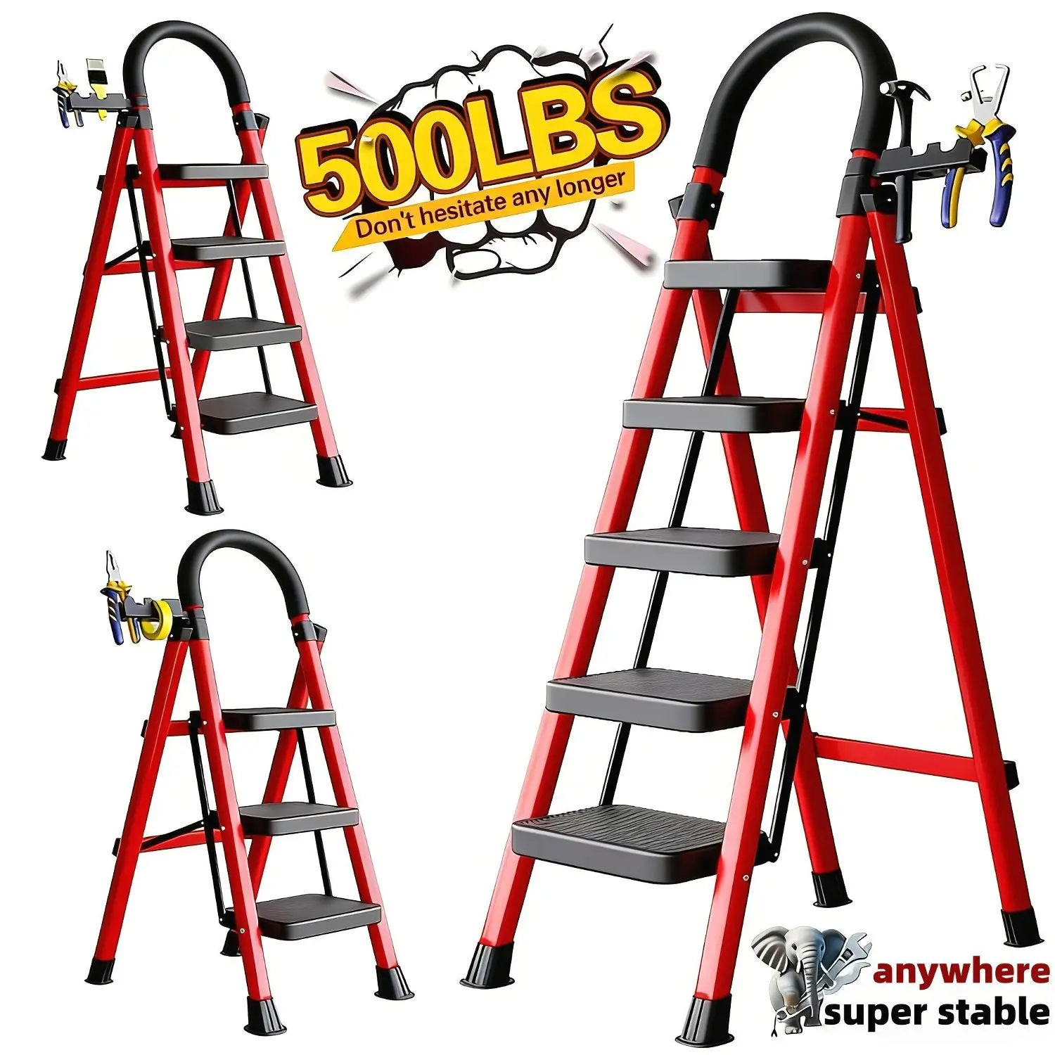 500lbs Load-bearing Folding Ladder | Heavy-duty Steel Step Stool with Anti-slip Wide Treads, Handrails, Safety Lock Design, Black and Red Color Scheme, Portable Multi-functional Ladder for Home and Kitchen Use-XPHYN