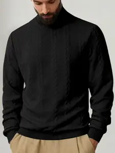 Men's solid color knitted jacquard turtleneck sweater is comfortable, warm and windproof, and can be layered. Casual, comfortable, regular slim fit long-sleeved sweatshirt, suitable for autumn and winter wear, Black, Winter Warm Pullover