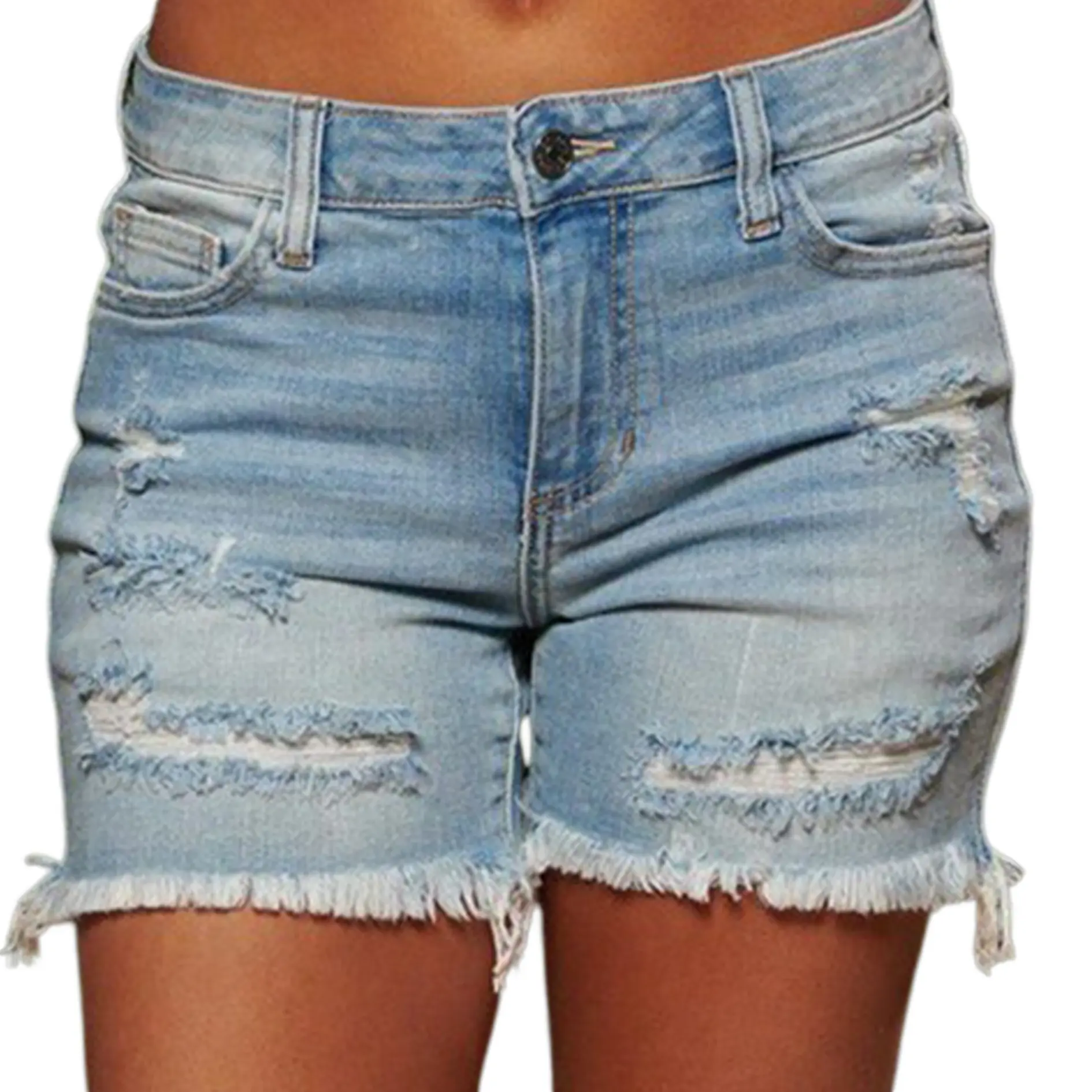 Women's Mid-Rise Ripped Raw-Hem Tassel Denim Shorts - Preppy Vintage Multi-Color Hot Pants, Frayed Accents, Comfortable Flattering Fit, Versatile Summer Street Style Bottoms, Raw-Hem Tassel Pants, Tank Top, Beach, Halloween, Party, Fringe, Retro Style, El