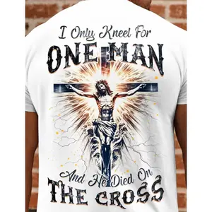 Men's Jesus Cross Graphic Tee | I Only Kneel For One Man Christian T-Shirt | Comfort Cotton Casual Outfit | Easter Thanksgiving Halloween Gift for Him/Her, Valentine's Day Present, Fashion Oversized Faith Shirt
