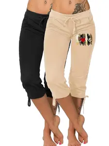 Women's Lightweight Fitted Seven-Quarter Pants, Drawstring Waist, Comfortable Fashion Print, Casual Style, Spring Summer