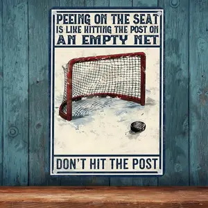 2D Flat, 1pc Funny Hockey Goalie Poster - Vintage Sports Decor with "Peeing on Seat" Funny Quote - Goalie Net Design - 7.9*11.9 Inch Metal-like  Print - No Frame Needed - Perfect for Man Cave, Sports Bar, Bathroom