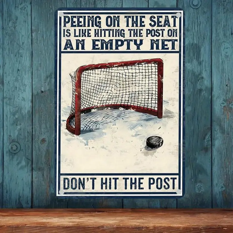 2D Flat, 1pc Funny Hockey Goalie Poster - Vintage Sports Decor with "Peeing on Seat" Funny Quote - Goalie Net Design - 7.9*11.9 Inch Metal-like  Print - No Frame Needed - Perfect for Man Cave, Sports Bar, Bathroom
