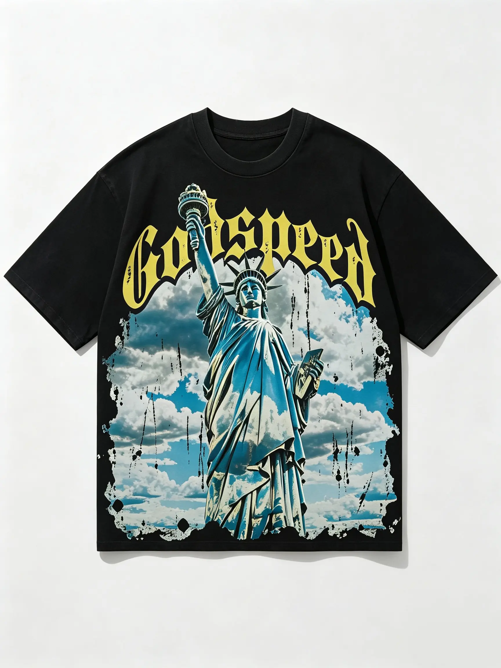 Godspeed Statue of Liberty Graphic Tee Oversized Heavyweight Cotton Streetwear T-Shirt Y2K Grunge Gothic Letter Print Top Casual Drop Shoulder Vintage Black Tee Men Women Unisex Retro Hip Hop Skater Tshirt Aesthetic Summer Outfit Trendy Band Merchandise