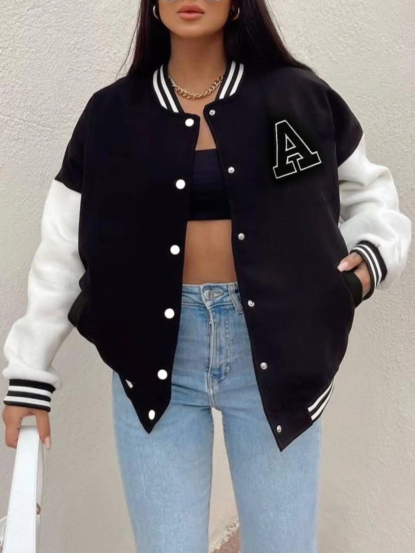 Women's Letter Patched Long Sleeve Collared Jacket, Jackets for Women, Sports Jacket, Lady Button Front Varsity Jacket, Preppy Casual Mock Neck Outerw