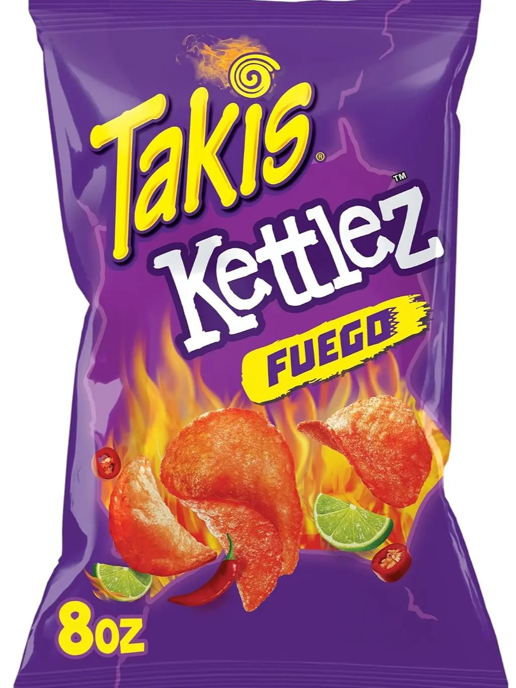 Takis Fuego Kettlez Kettle Cooked Potato Chips 8 oz Sharing Size Bag, Hot Chili Pepper & Lime Flavor, Crunchy Snack for Parties, Movie Nights & On-the-Go