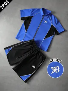 Cobalt Blue Colorblock Sport Set, Y2K Style Full-Zip Polo Shirt & Shorts, Star Logo, Summer Streetwear, Tiktok Fashion Trend, Activewear Shorts Set