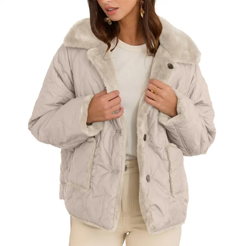 Dokotoo Women’s Warm Quilted Jacket Faux Fur Collar Winter Coat Casual Loose Fit Long Sleeve Daily Outerwear with Pockets