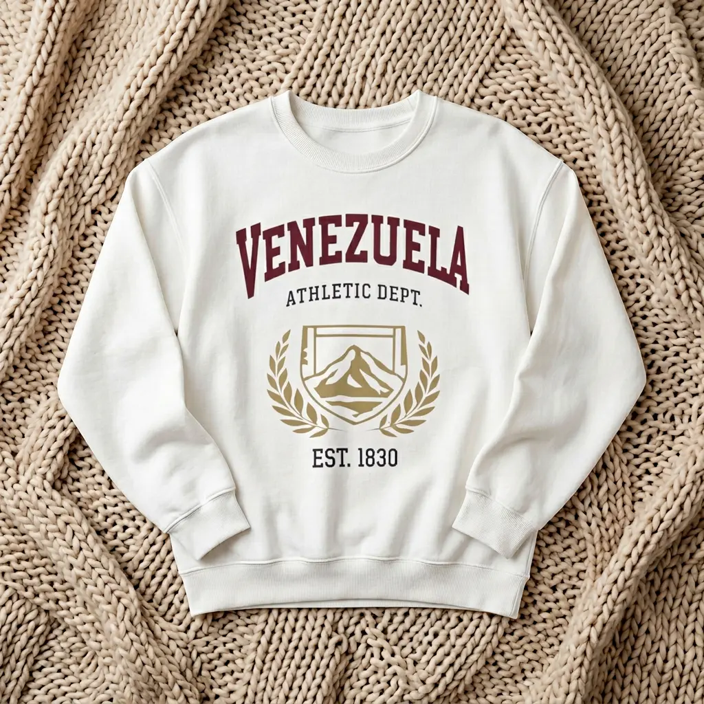 Varsity Soft Ribbed Cotton Long Sleeve Sweatshirt - Venezuela Athletic Dept. Prints, Orgullo Veneco Est. 1830 Crewneck, Casual Bottom-Pairing Design