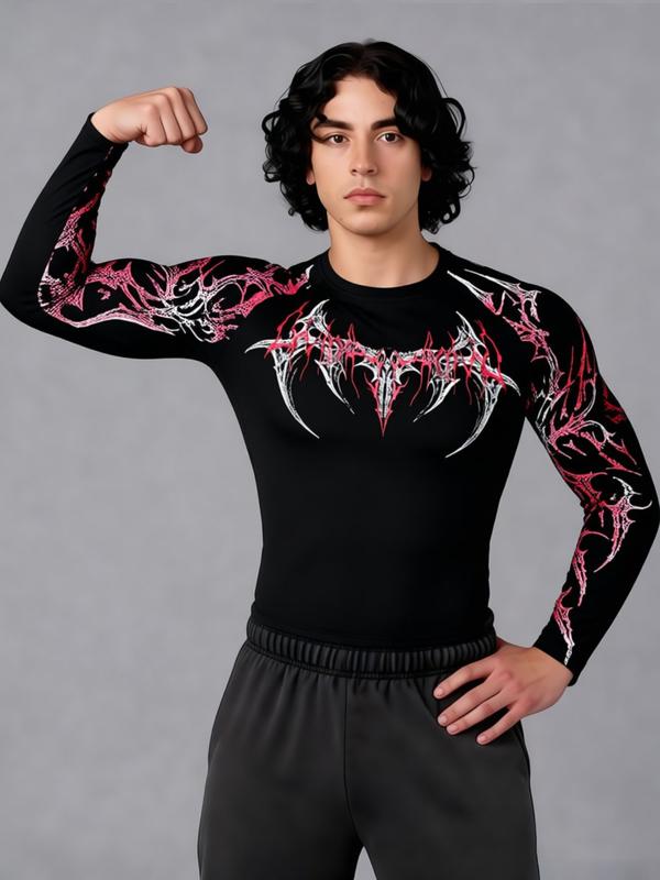 Men's Professional Sports Quick-Dry Fitness Shirt, Gothic Print Long Sleeve, High Elasticity, Round Neck, Moisture-Wicking, Running, Training, Daily Wear, Gym Workout Shirt