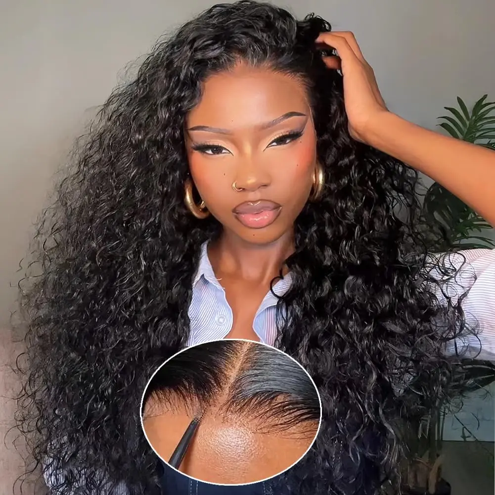 30 32 Inch Deep Wave Human Hair Wig  6x4 Transparent Lace Closure Wig Glueless Curly Wigs For Women