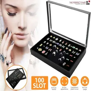 100 Slots Jewelry Ring Display Organizer Tray Holder Earrings Multi Compartment Storage Box Case