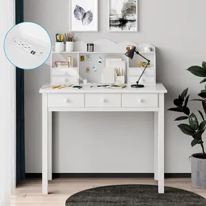 Solid Pine Wood Legs Writing Desk with 7 Drawers White