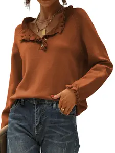 BTFBM Women's Knit Pullover Sweater Tops - Casual Long Sleeve Button Down Crew Neck Ruffle Solid Color Striped - Knitwear, Womenswear