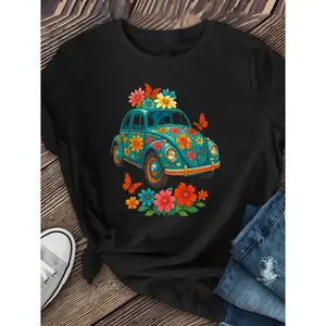 Womens Cotton Short Sleeve Graphic Tee Retro Flower Car Butterfly Print Casual Summer Top Cute Vintage Aesthetic Outfit For Vacation Weekend Streetwear