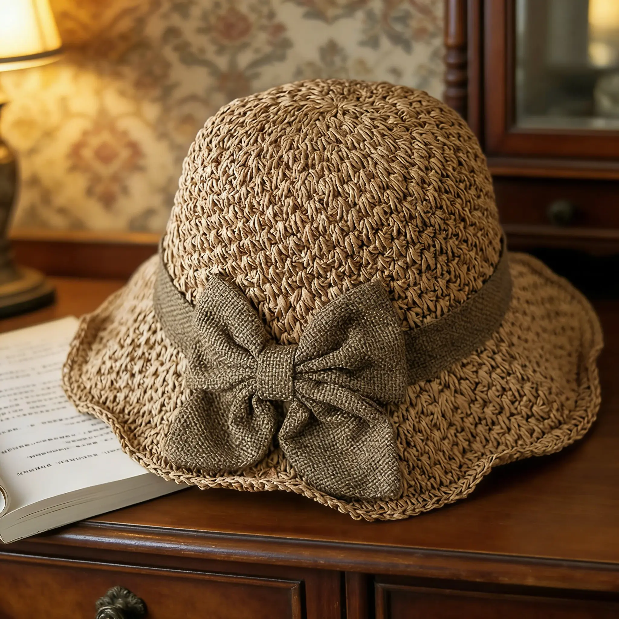 Adults' Versatile Vintage Hand-Woven Straw Hat - French-Style Elegant Sun Hat with Ruffled Bow, Portable Foldable for Easy Storage, Breathable, Comfortable, Suitable for Travel, Beach Outings (All Seasons)