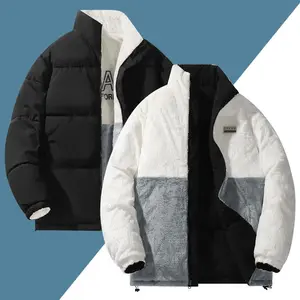 Men’s Cotton Jacket — Wearable by Couples, Reversible, Fashion Colorblock Patchwork, Stand Collar, Thickened Plush, Warm Coat, Menswear, Stylish