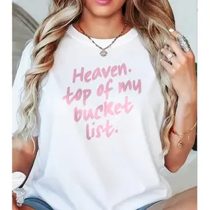 Womens Spiritual Heaven Top Of My Bucket List Pink Text Graphic Cotton Tshirt Faith Casual Soft Lightweight Trendy Top For Religious Believers