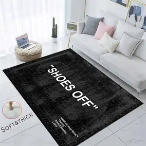 "SHOES OFF" Distressed Black Flannel Area Rug, Home Decor Rugs - Oversized Soft & Thick Plush Mat for Entryway & Bedroom, Non-Slip Thick Minimalist Quote Home Decor for Modern Enthusiasts