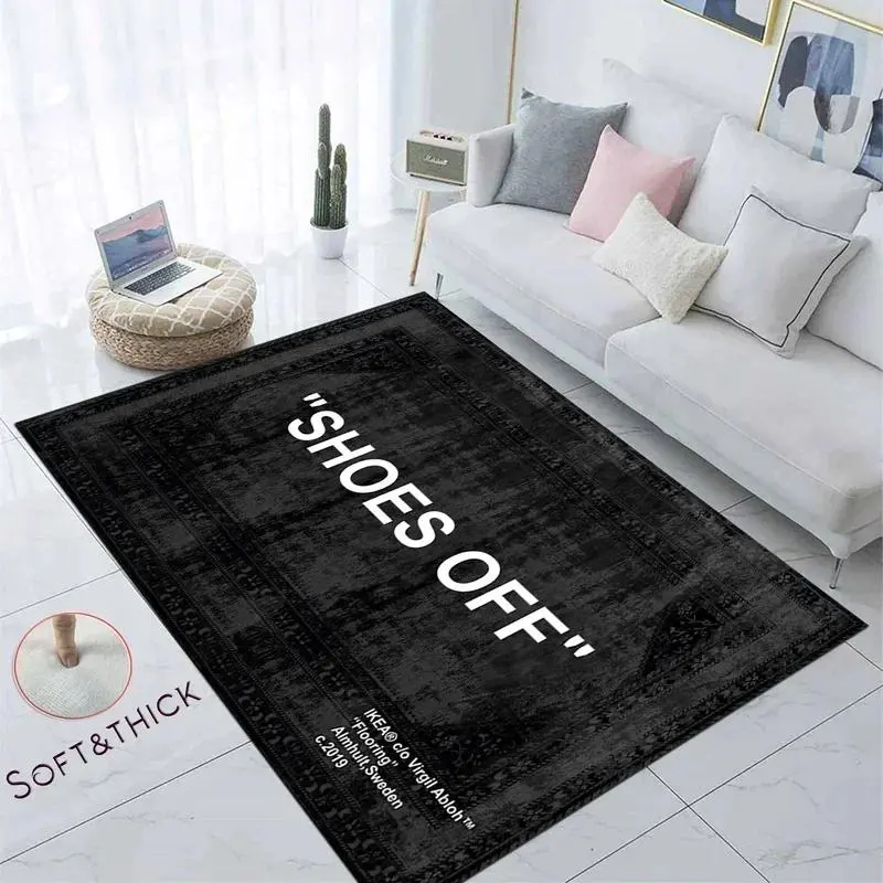 "SHOES OFF" Distressed Black Flannel Area Decorative Rug, Home Decor Rugs - Oversized Soft & Thick Plush Mat for Entryway & Bedroom, Non-Slip Thick Minimalist Quote Home Decor for Modern Enthusiasts