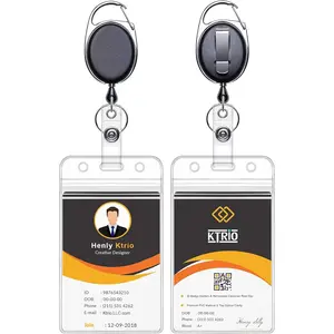 KTRIO ID Badge Holders with Metal Clip and Keyring - Vertical Clear Plastic ID Card Holders (2.5" x 3.4") - Retractable 24" Pull Cord for Office, School, 2 Pack