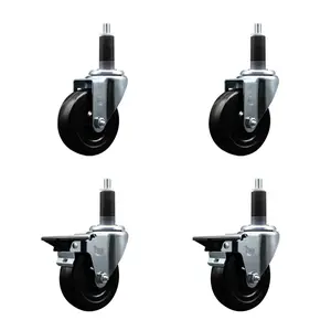 Soft Rubber Swivel Expanding Stem Caster Set of 4 with 4 Inch Black Wheels and 1-1/8" Stems - Includes 2 with Posi Locking Brakes - 800 lbs Total Capacity - Service Caster Brand