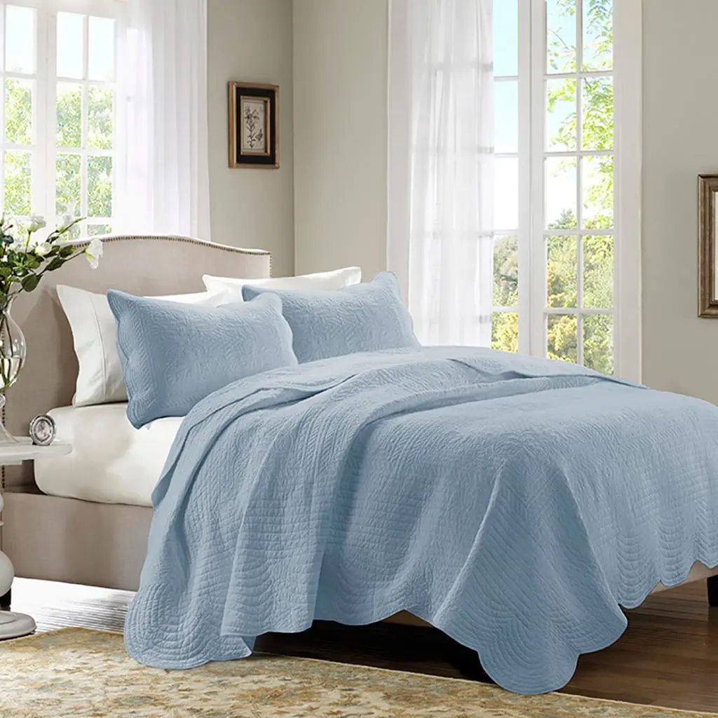 Madison Park Tuscany Reversible Scalloped Edge Quilt Set - Full & Queen Size, 3-Piece Decorative Microfiber Soft Bedding Set, 94x96x0.25 in, Blue, Decorative Bedding Set