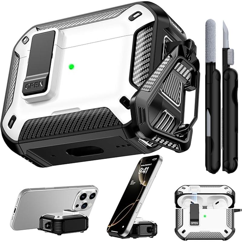 AirPods Pro 3 Generation Case Cover with Cleaner Kit, Military Hard Shell Protective Armor with Lock for AirPod Gen 3 Charging Case 2021,Front LED Visible,White