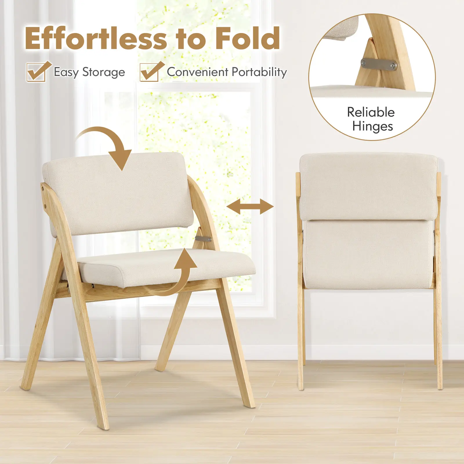 COSTWAY - Set of 2 Folding Kitchen Dining Chairs with Rubber Wood Legs-Natural