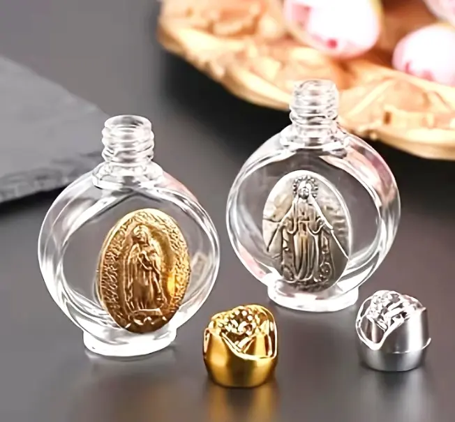 Holy Water Glass Bottle Canister with Silver Miraculous Medal - Our Lady of Guadalupe Front, 1-Piece Compact Religious Home Decor