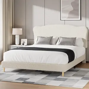 Garvee Queen Size Upholstered Headboard Bed Frame with Low Profile Platform, Rounded Corner Design, Durable Wooden Slats, and Noise-Free Construction