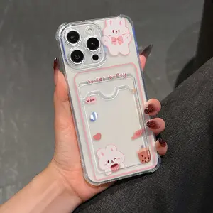 Cute Cartoon Rabbit Pattern Animal Transparent Protective Phone Case for iPhone 16 Pro Max, Creative Design for Couples, Photo ID Card Holder Cover