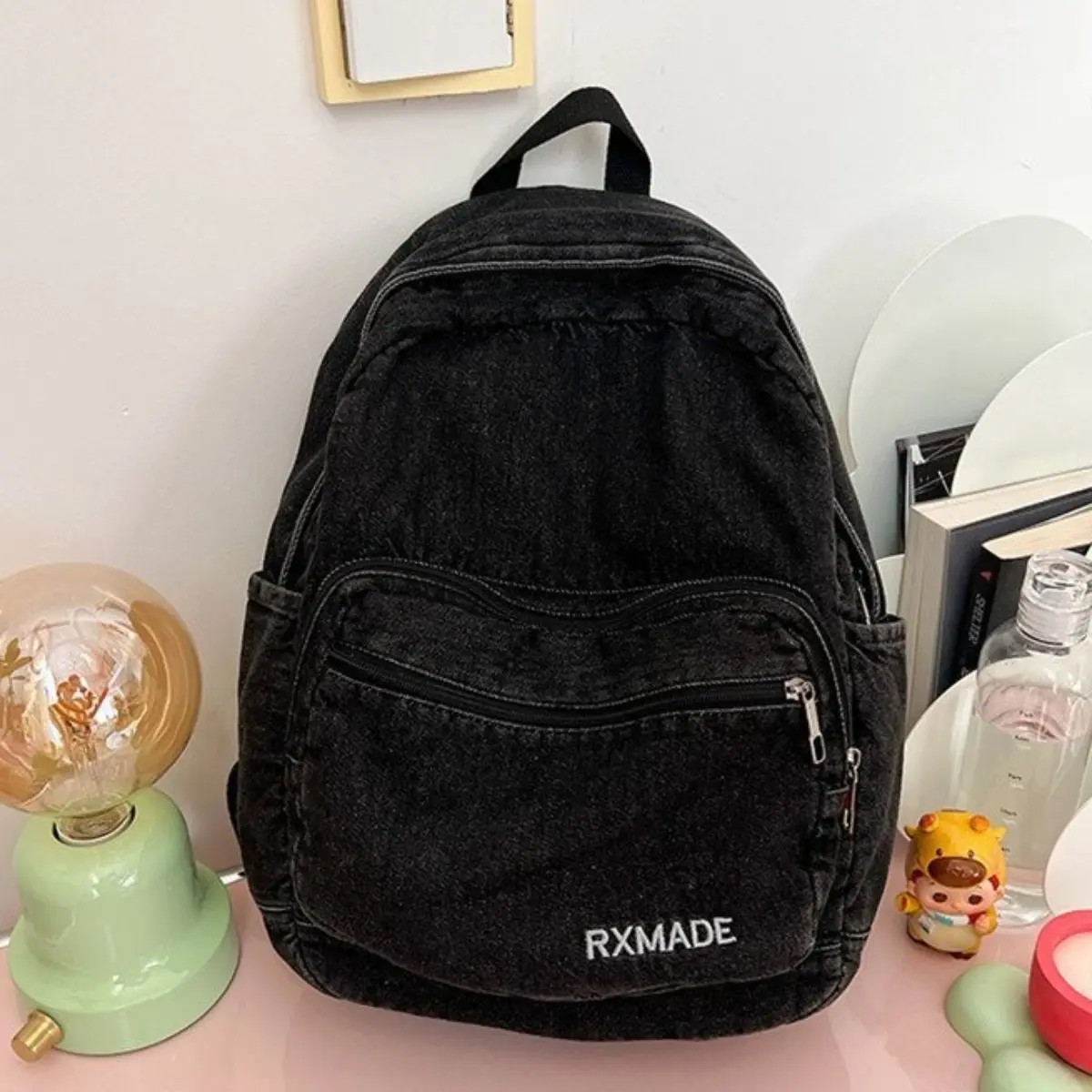 Simple washed denim large capacity adult travel schoolbag college student backpack