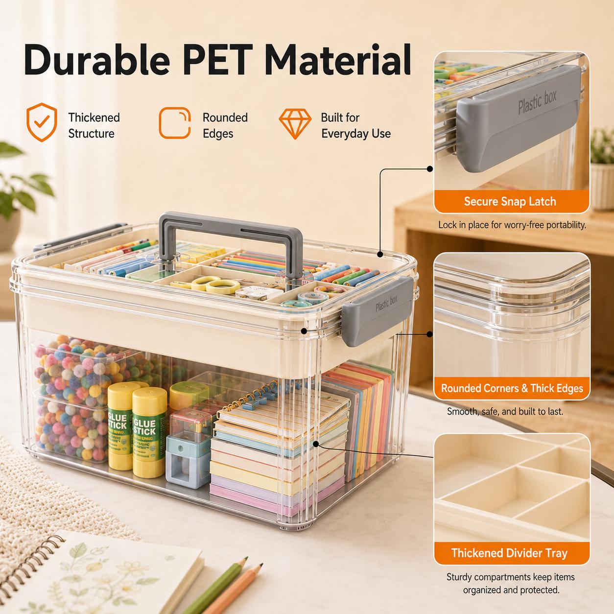 UFORU Compartmented 2-Tier Storage Organizer with Handle for Carry - Home Supplies Zoned Storage Organization, Large Capacity Portable Craft Box for Pens, Markers, Art Supplies, Kids’ Small Building Blocks & Toy Parts, Transparent Multipurpose Organizer