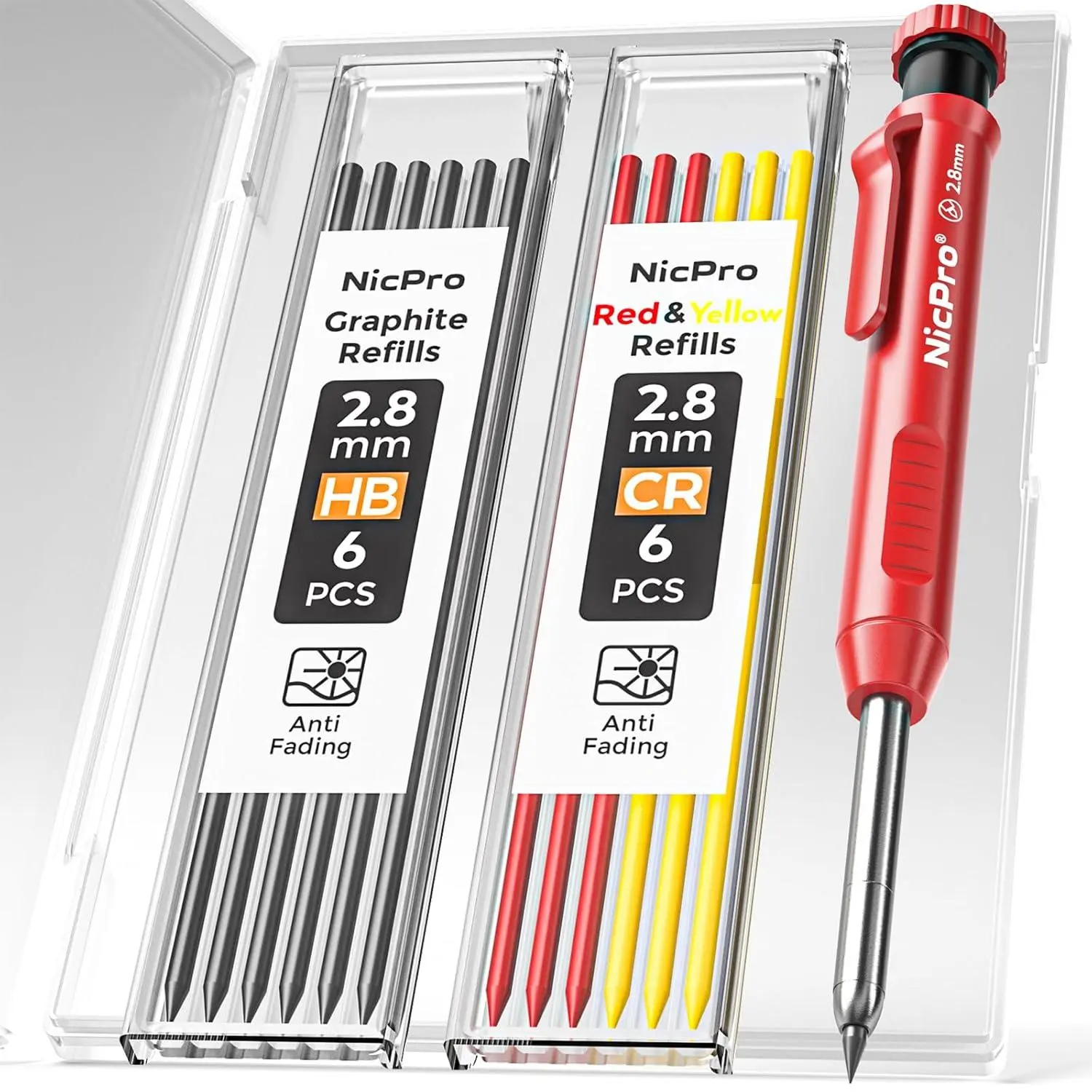 Nicpro Carpenter Pencil with Sharpener, Mechanical Pencil Set with 26Refill | Deep Hole Marker for Construction, Heavy Duty Woodworking Tools for Architect, (Black, Red) - With Case