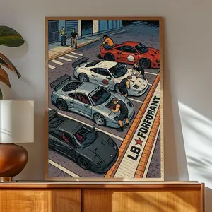 Japanese JDM Car Art Print Street Racing Poster with Nissan GTR and Supra Drift Scene Wall Decor for Car , No frame