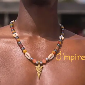 Archer Brown/Ash Beaded Necklace Chain,  Unisex Daily Statement Jewelry with White Cowries & 3-Layer Arrow Pendant