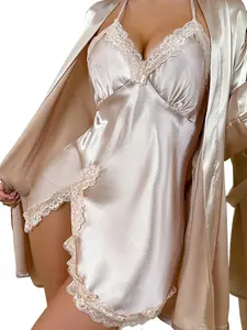 Women's Sleepwear Set with Waistcoat & V-Neck Nightgown, Breathable All Seasons Home Wear, Soft Comfort Fabric, Casual Long Sleeve, Sleepwear Loungewear