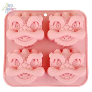 4-Cavity Chinese Lion Dance Silicone Mold, 3D Cartoon Lion Cake Mold, Multifunctional Silicone Tray for Baking, Ice Cube, Chocolate, Soap, Resin Crafts, DIY Baking Tool