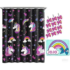 Retro Rainbow Bathroom Set - 14-Piece Shower Accessories with Non-Slip Rug - Includes Waterproof Curtain & 12 Hooks - Vibrant Unicorn Design - Easy Care Machine Washable Fabric - Complete Bath Decor Collection