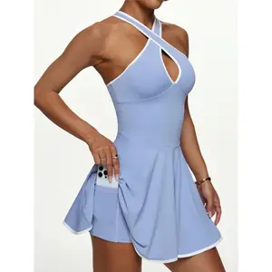 Women's Female Elastic Comfortable Sporty Dress - Sexy Hollow-Out Cross-Strap Design, Anti-Slip Underwear Shorts, Solid Sports Skirt for Tennis & Outdoor Exercise