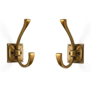 Large Wall Hooks 5 Pack Antique Brass Coat Hooks Hardware Towel Hooks for Hanging Coats 4.35 Inch Double Robe Hooks Wall Mounted with Screws for Key, Towel, Bags, Cup, Hat