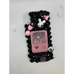 Gamer-Themed Case Black Pink Custom Snow Globe Shaker in Black Fake Cream Case | Decoden Phone Case, Kawaii Decoden Phone Case