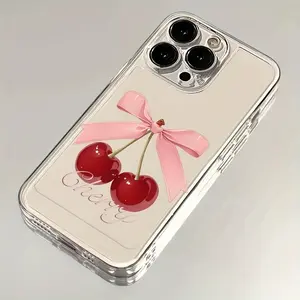 A minimalist cherry and bow pattern transparent anti-drop phone case, suitable for iPhone 17 Air/16 Plus/15 Pro Max/14 Pro/13/12/11/XS Max/X phone case, the best choice for Christmas gifts to family, friends, lovers, boyfriends, girlfriends