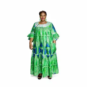 Green & Blue African Print Maxi Dress with Ruffle Sleeves and Tiered Skirt for Women Casual Womenswear