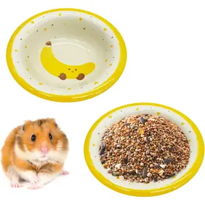 Hamster Ceramic Food Bowl 2PCS Small Animal Anti-Turning Food Water Dish with Banana Pattern Pet Feeder for Guinea Pig Gerbil Hedgehog Cage